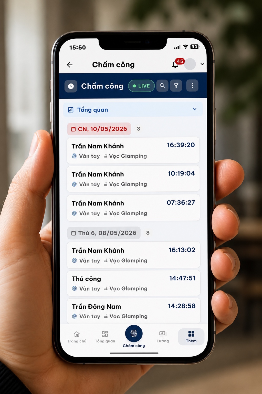 Lịch sử chấm công realtime